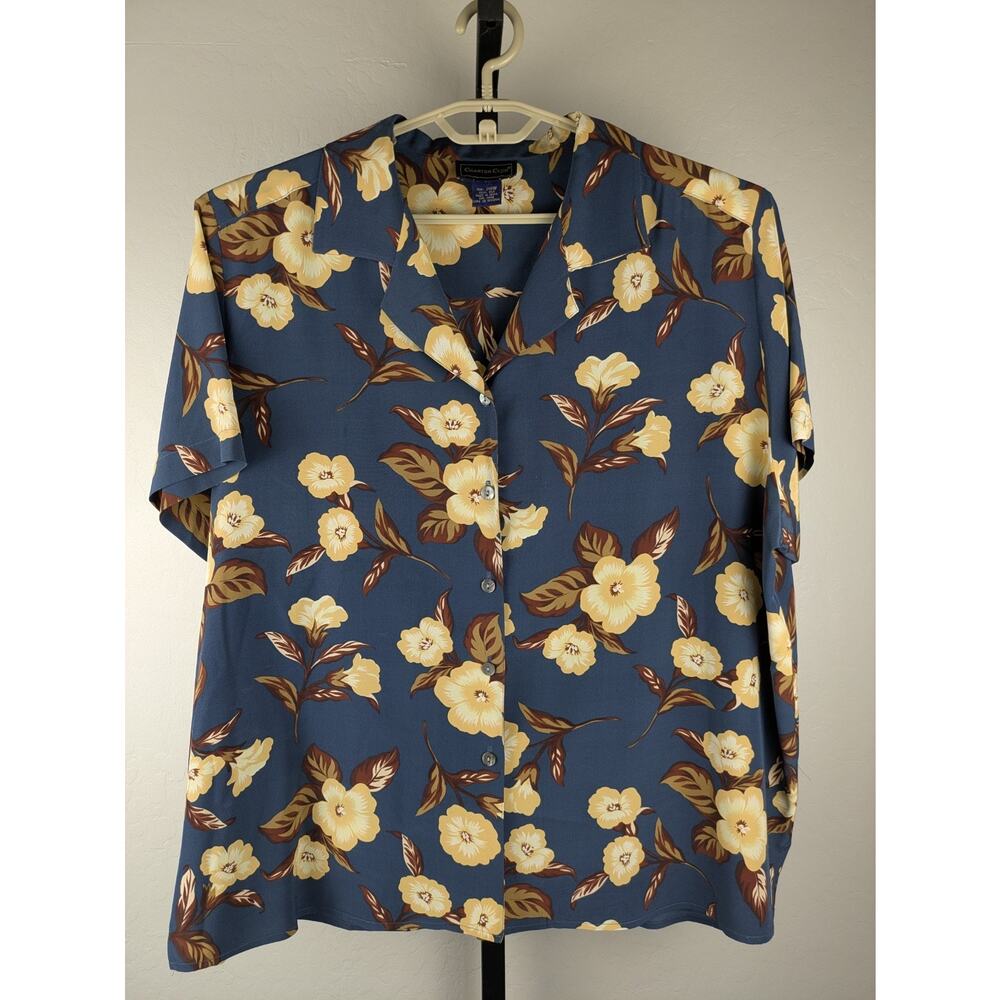 Charter Club 100% Silk Short Sleeve Blouse blue yellow brown floral